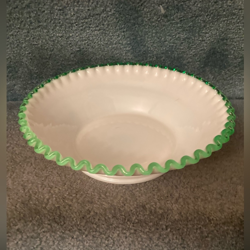 Vintage Fenton Emerald Crest Bowl Milk Glass Large 10” diameter Gorgeous Mint